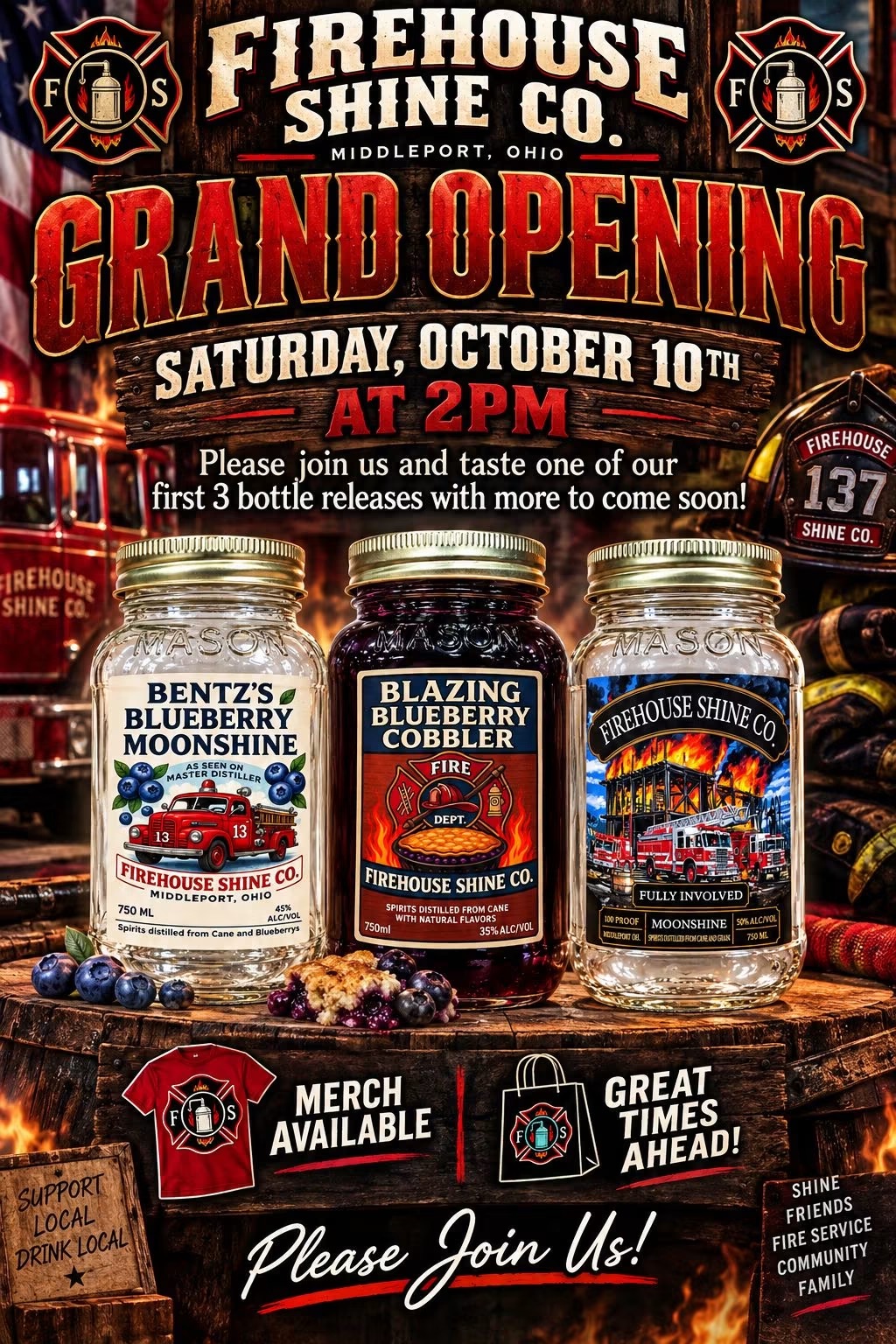 Firehouse Shine release lineup: Bentz’s Blueberry Moonshine, Blazing Blueberry Cobbler, and Fully Involved Moonshine